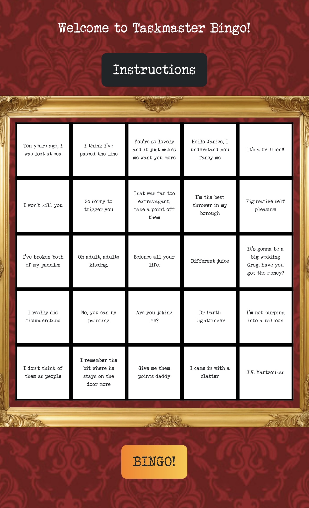 Taskmaster Bingo card for S19 E8.