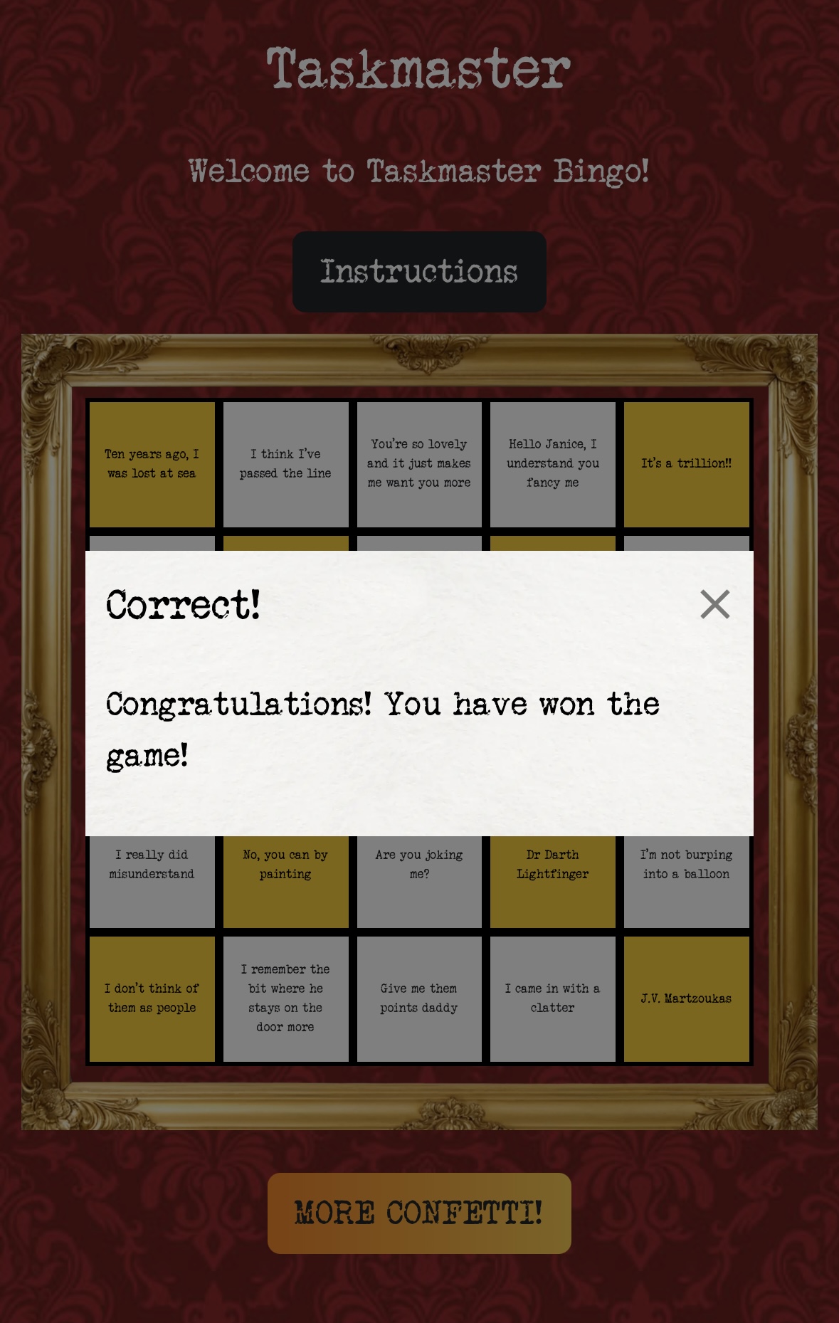 Winning Taskmaster Bingo card.