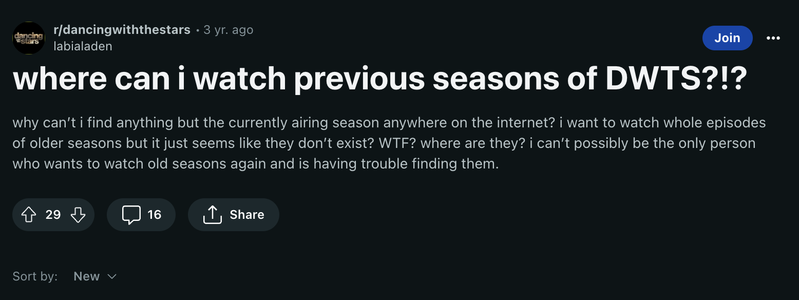 A Reddit thread complaining about the ability to rewatch previous seasons of the show.