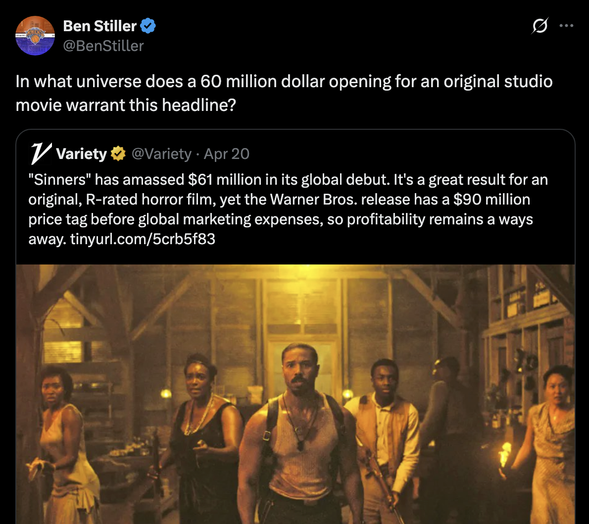 Ben Stiller's tweet: "In what universe does a 60 million dollar opening for an online movie warrant this headline?"
