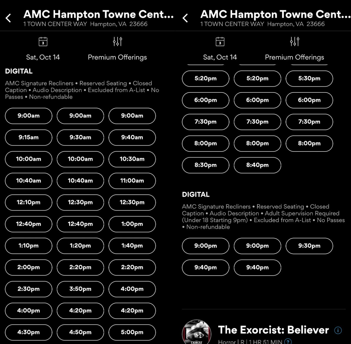 The 52 non-PLF or Open Caption screenings of the Eras Tour concert film at AMC Hampton Towne Center 24 in Hampton, VA on Saturday, October 14.