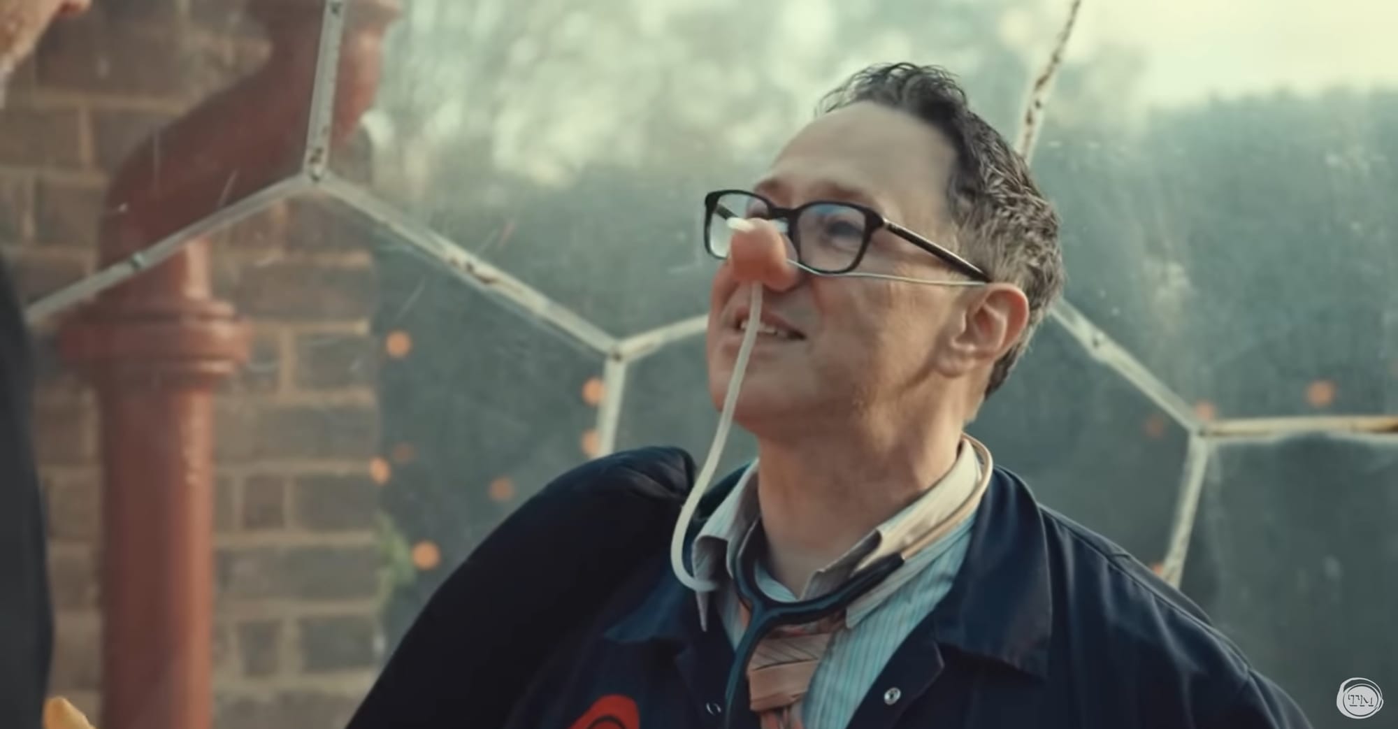 Reece Shearsmith wearing a pig’s nose and straw