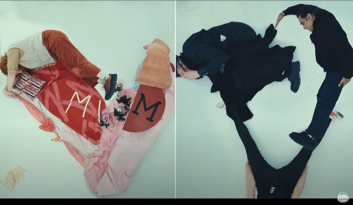 Split screen featuring two heart shapes made from Taskmaster contestants.