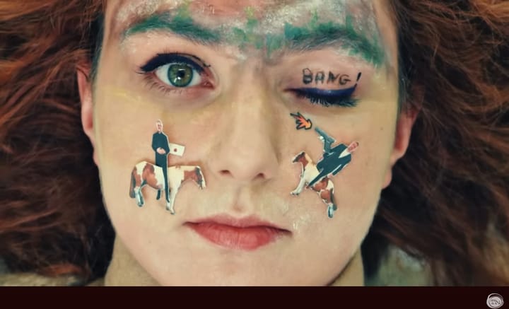 Ania Magliano has one eye closed, the word “Bang!” written on her eyelid, and cutouts of Little Alex Horne shooting Greg Davies while both are on horses.